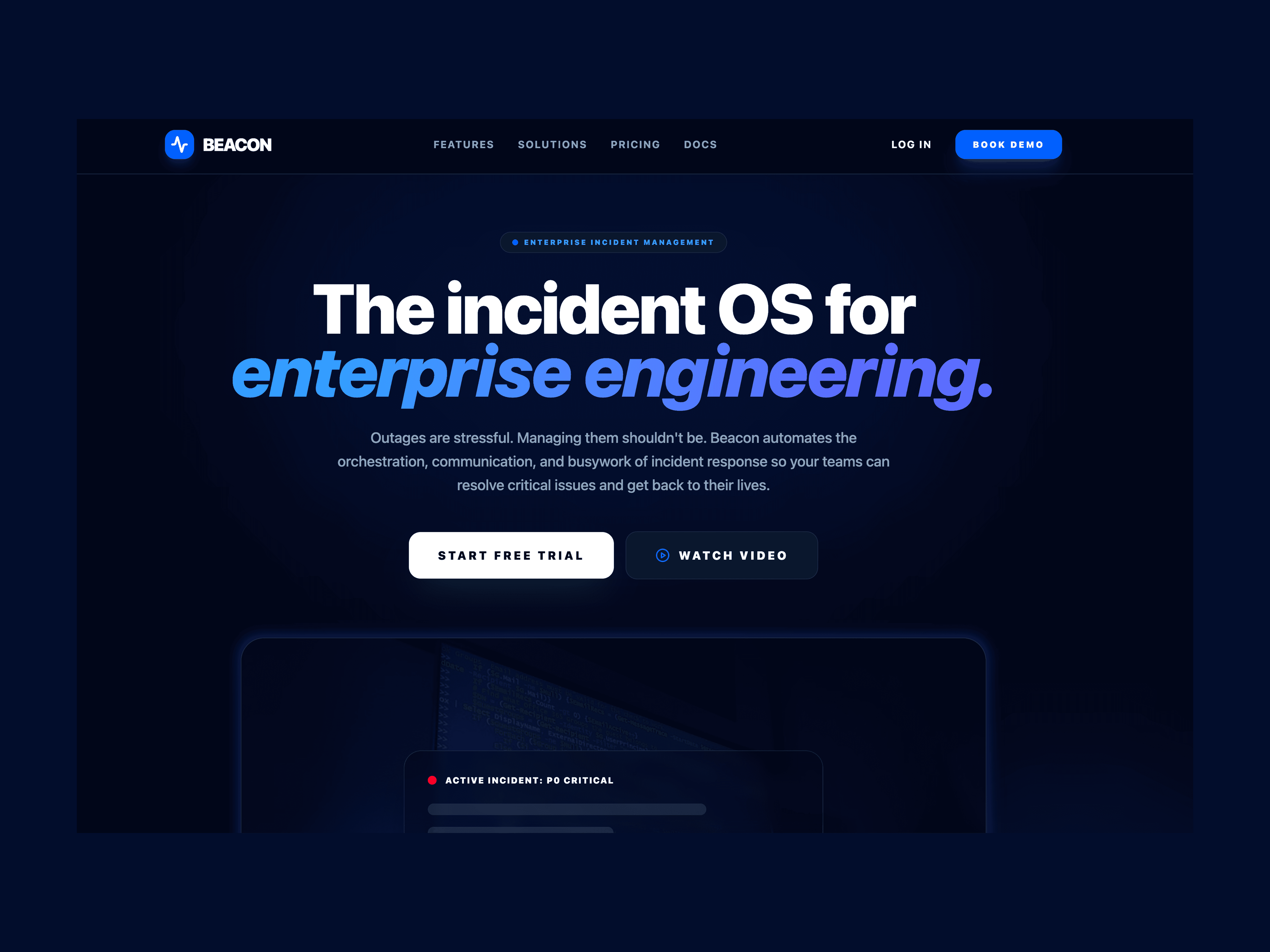 Beacon product landing page, an incident OS for enterprise engineering teams