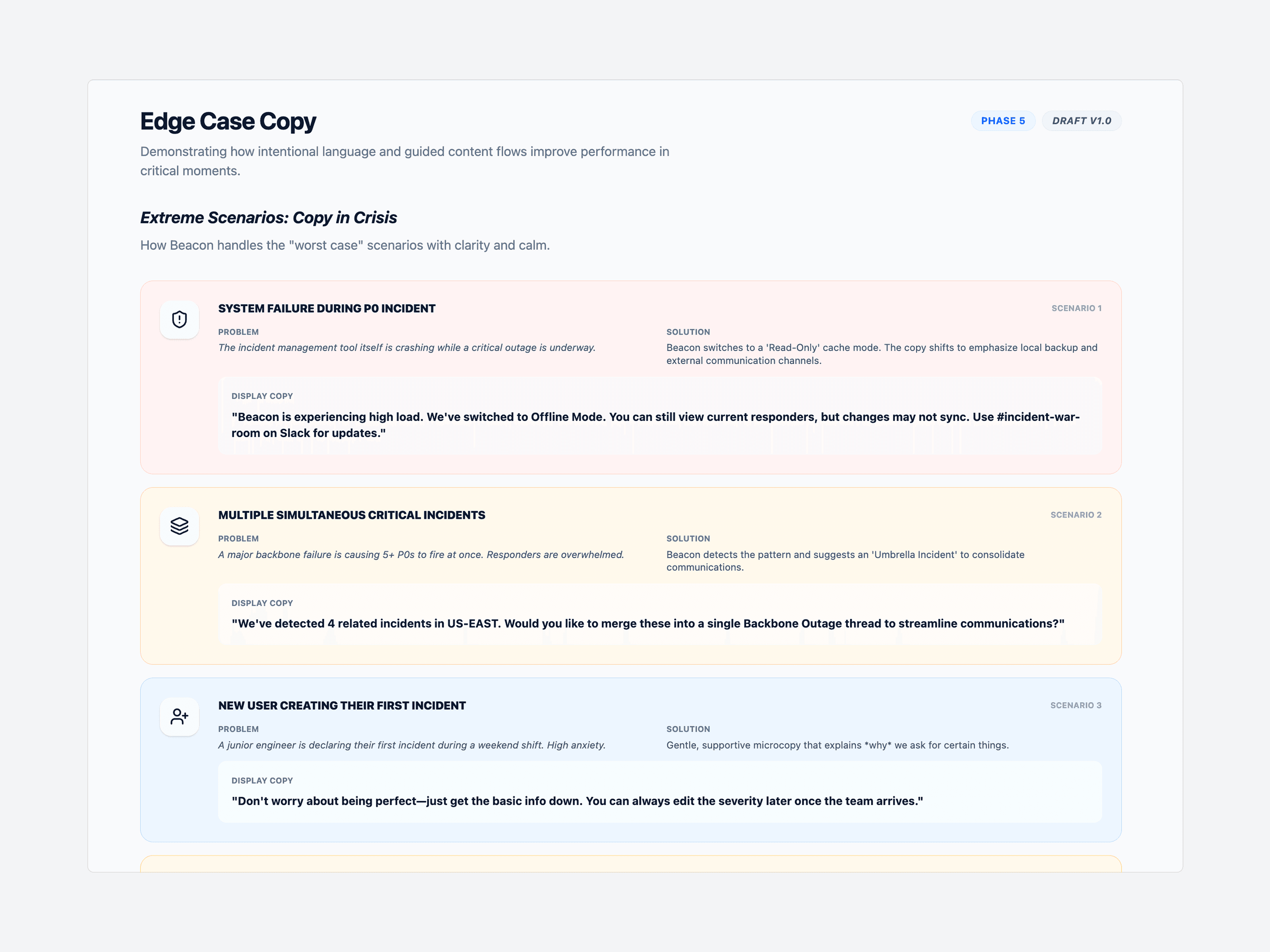 Beacon edge case copy for crisis scenarios, including system failure during a P0 incident