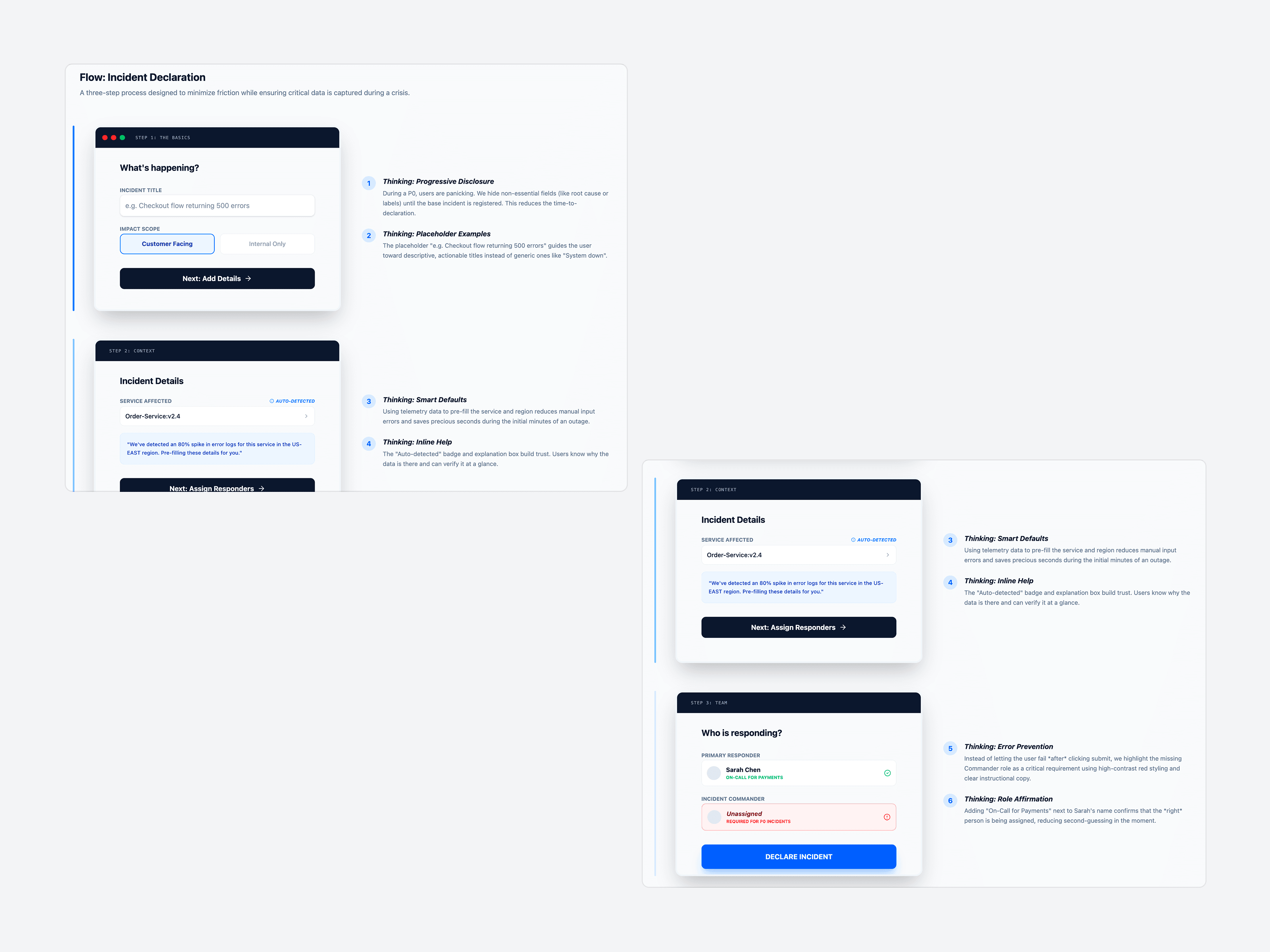 Beacon three-step incident declaration flow with content design annotations covering progressive disclosure, smart defaults, and error prevention