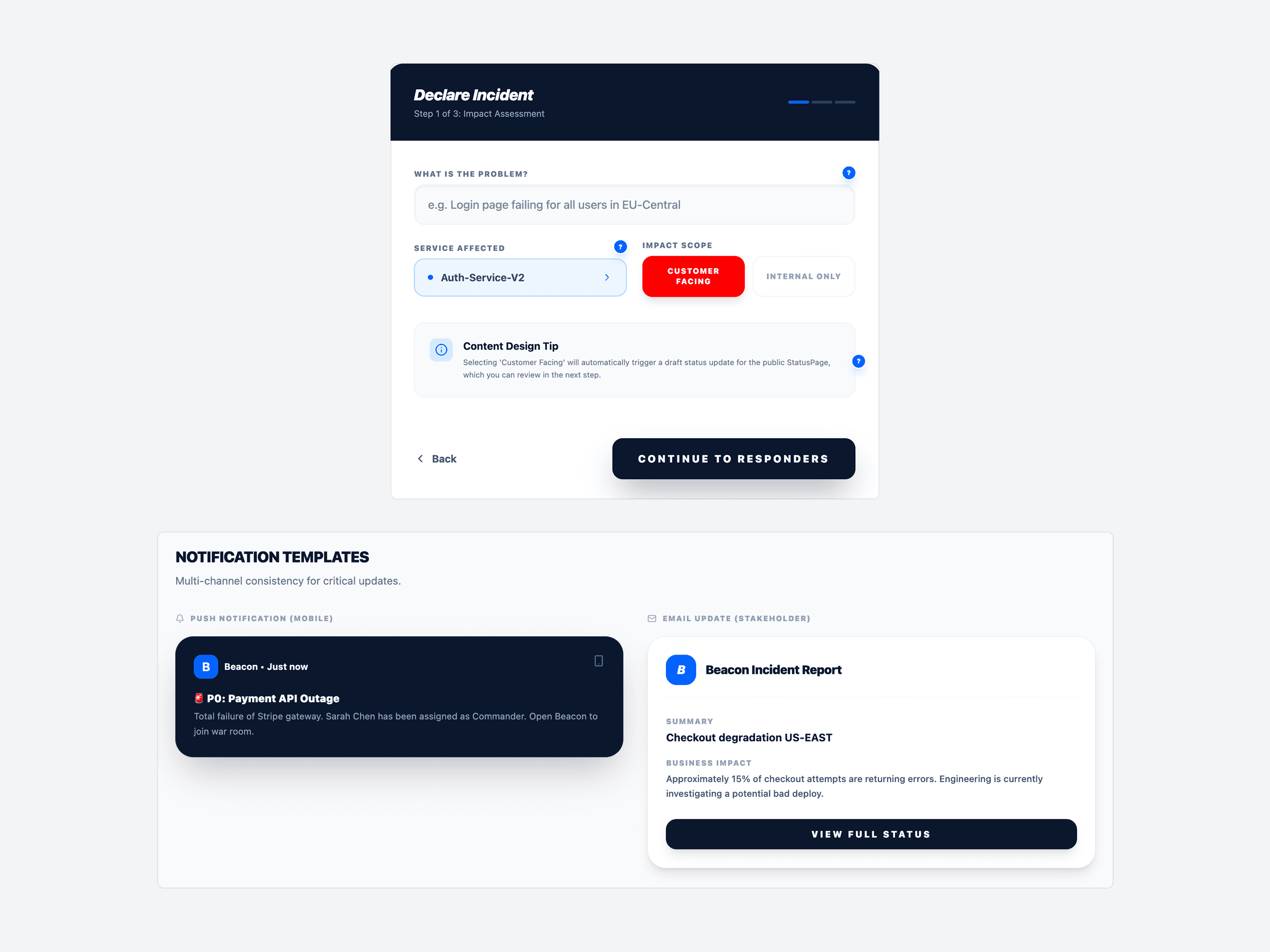 Beacon notification templates showing a push notification and a stakeholder email update for the same incident