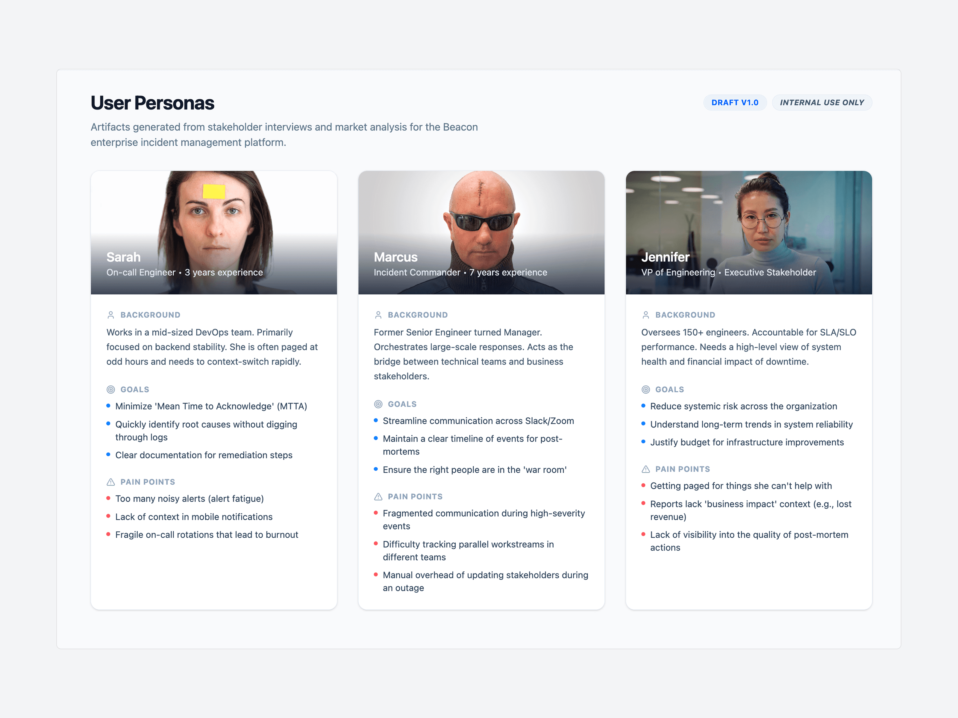 Three Beacon user personas: an on-call engineer, an incident commander, and a VP of engineering, each with their own goals and pain points
