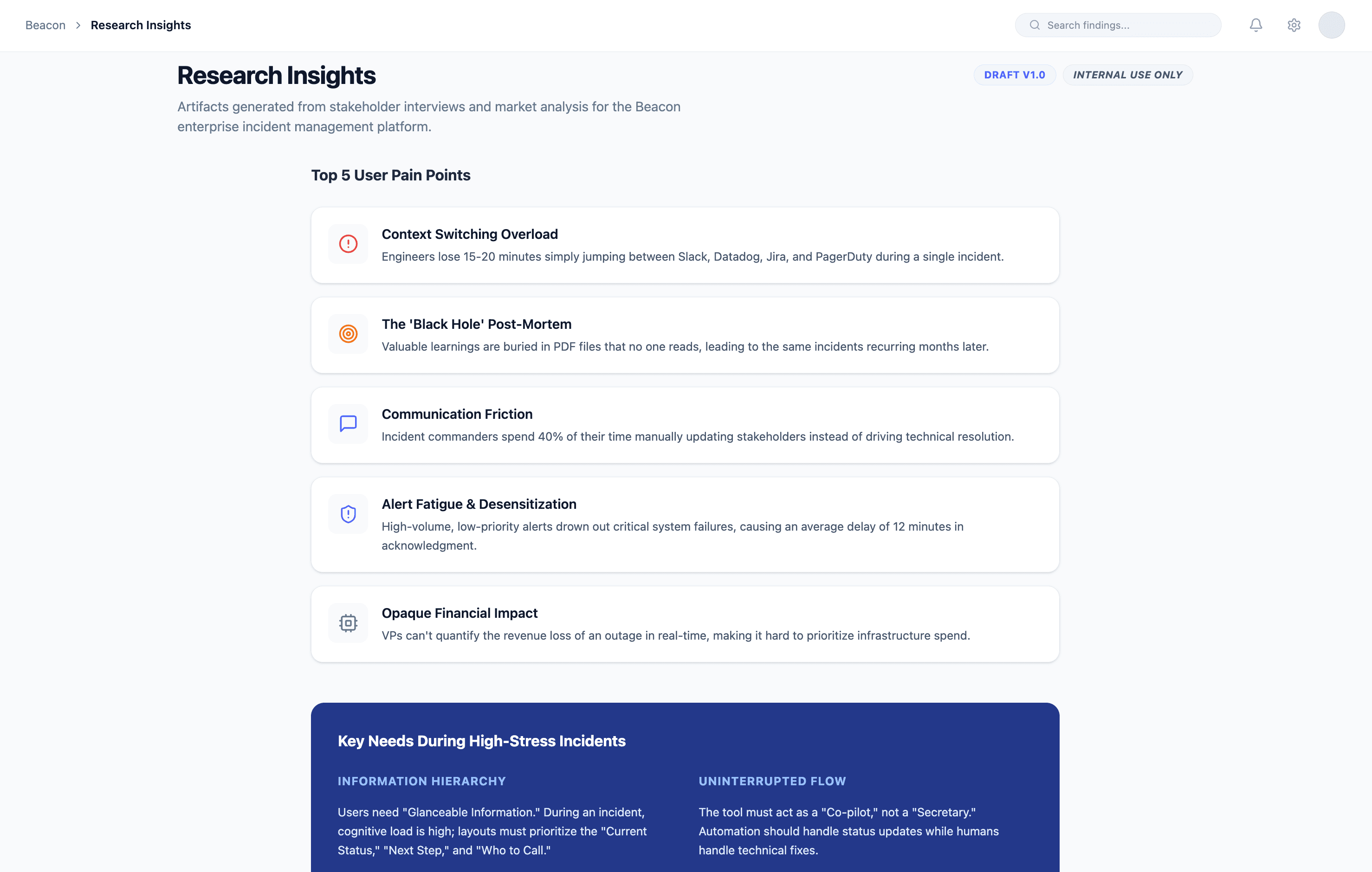 Research findings showing the top five user pain points for Beacon, including context switching overload and communication friction