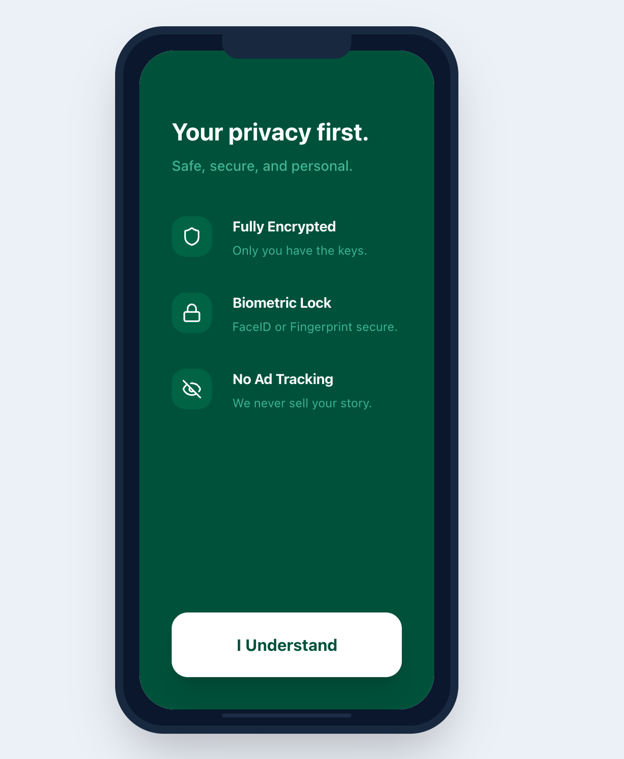 Moniger app privacy screen showing full encryption, biometric lock, and no ad tracking