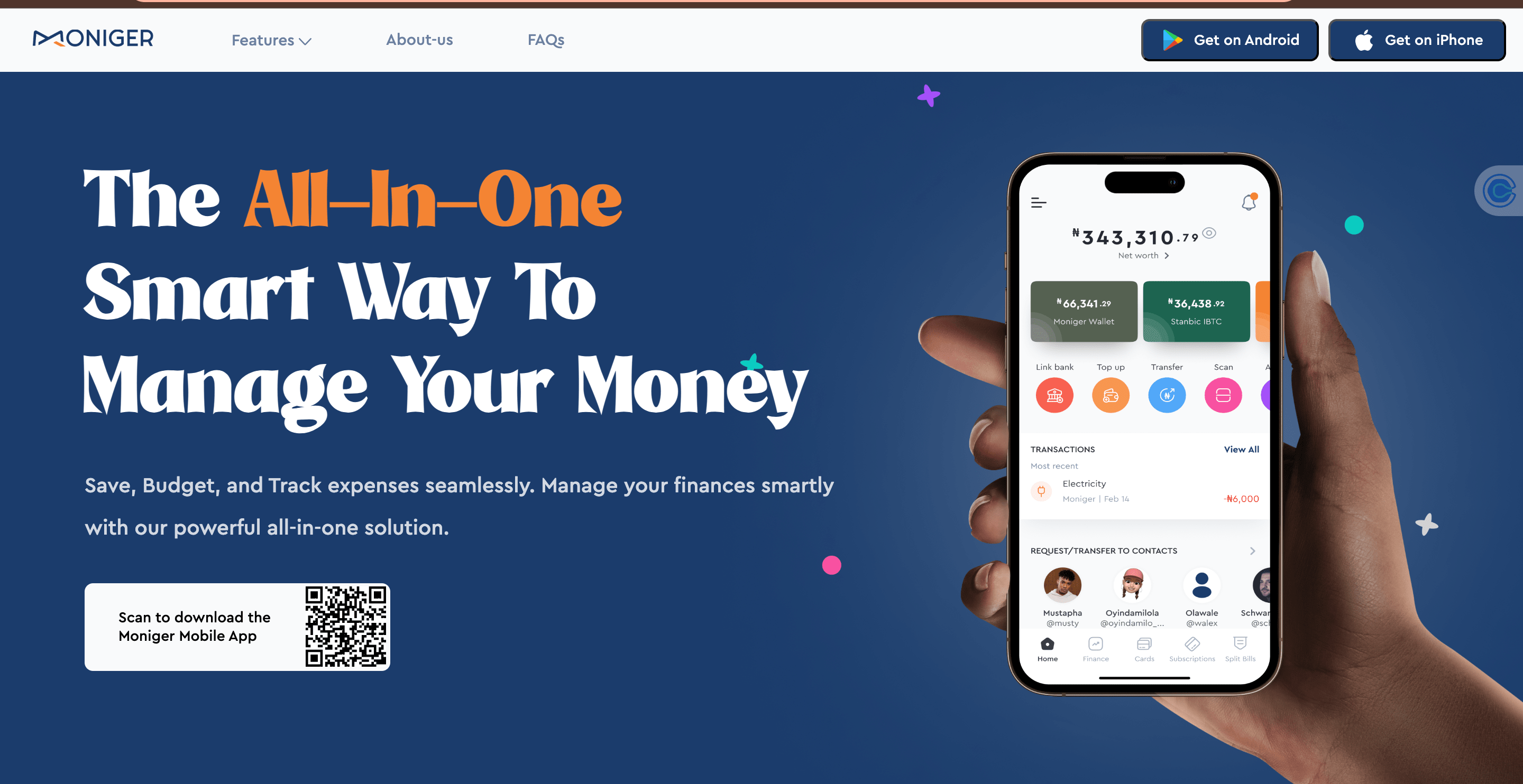 Moniger website home page hero section