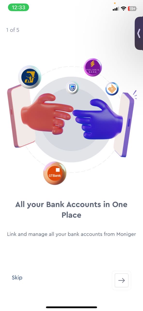 Moniger app onboarding flow with multi-step progress indicator