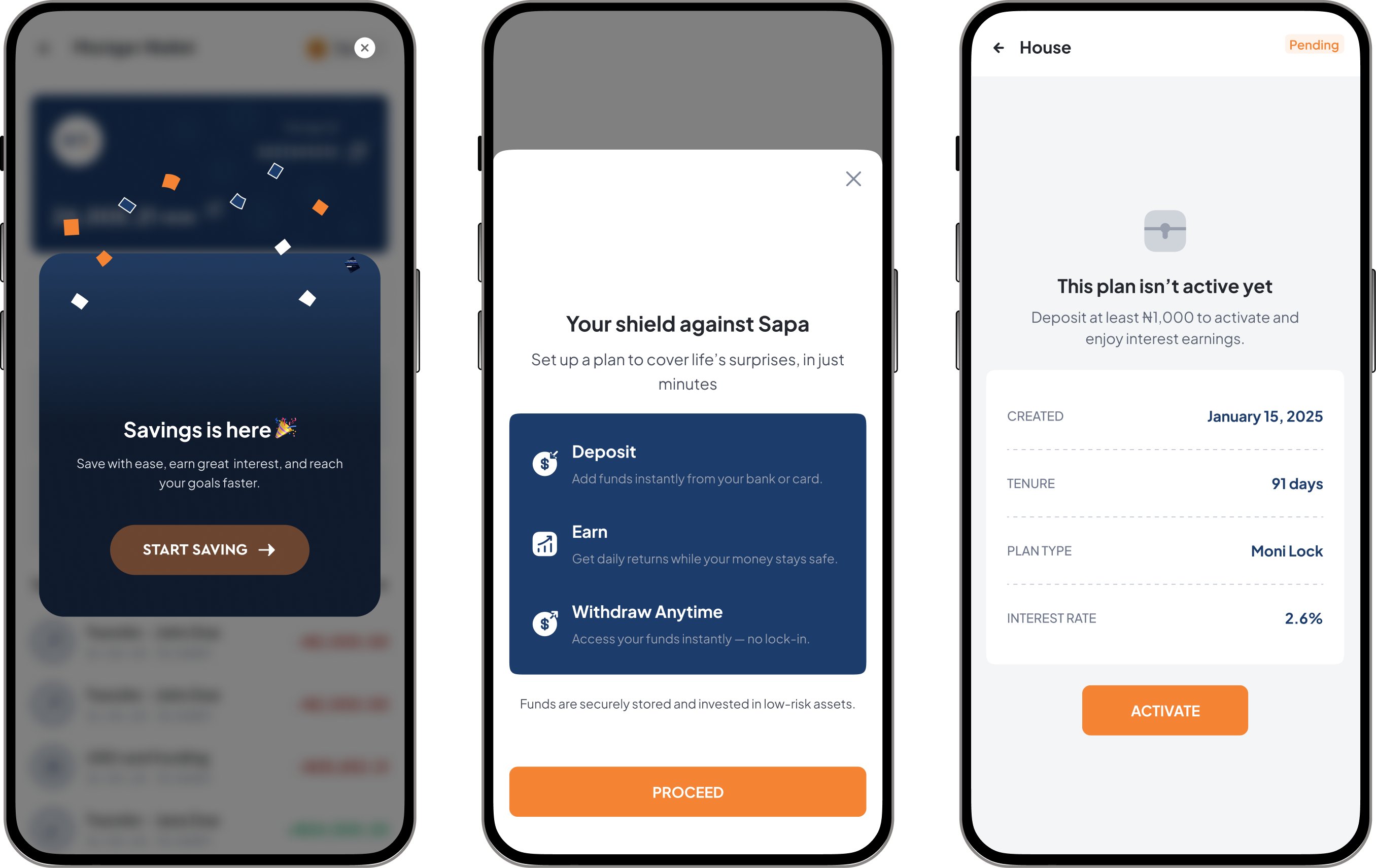 Moniger app savings feature screens, including deposit, earn, and withdraw options